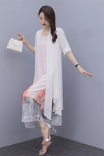 夏季新款优雅印花长款连衣裙防晒外披两件套，女装连衣裙，秀美人生