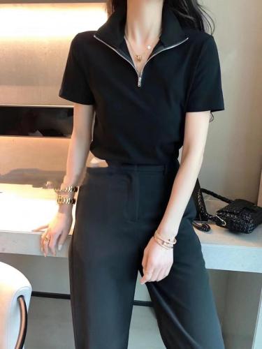 2021欧洲站POLO黑白条纹体身休闲百搭短袖T恤,女装T恤,L·H·X