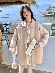 新品现货26春装粉色蕾丝拼接袖口韩版休闲中长风衣外套女图片