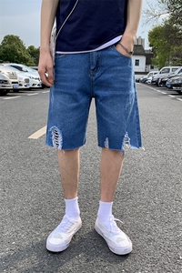 牛仔短裤男潮牌ins宽松直筒夏韩版潮流乞丐五分裤潮破洞5105图片