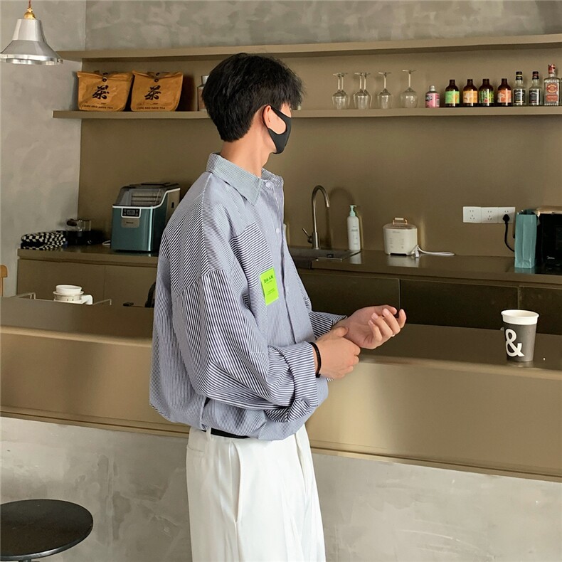 现货高品质拼接条纹宽松长袖衬衫潮CS163P50,男装衬衫,星座1504（原917）