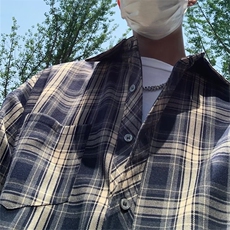 潮牌美式休闲工装格子衬衫男日系痞帅百搭衬衣复古薄外套S192-P33，男装衬衫，星座1008