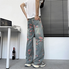 满印玫瑰花朵牛仔裤男款美式复古裤子慵懒风阔腿微喇裤NZ729-P48，男装牛仔裤，星座308B-1