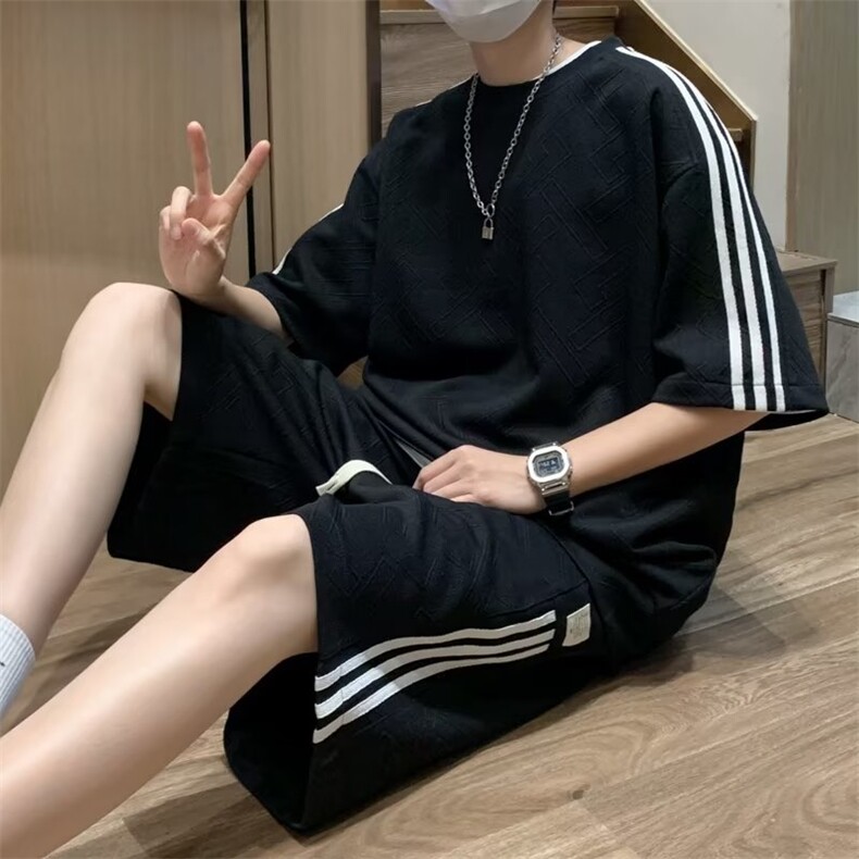 运动套装男韩版潮流条纹拼色2023夏季新款ins短裤两件套W4783-P41,男装休闲套装,星座412-2