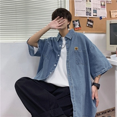 短袖牛仔衬衫男夏季美式潮牌痞帅宽松慵懒风情侣男装半袖寸衫外套，男装衬衫，星座505-2（原电商A260-1)