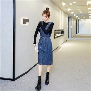 春季新款牛仔背带裙女修身显瘦中长款连衣裙韩版时尚百搭学生装图片