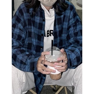 春秋新款蓝色格子衬衫松弛感男女宽松复古简约小刺绣长袖薄外套图片