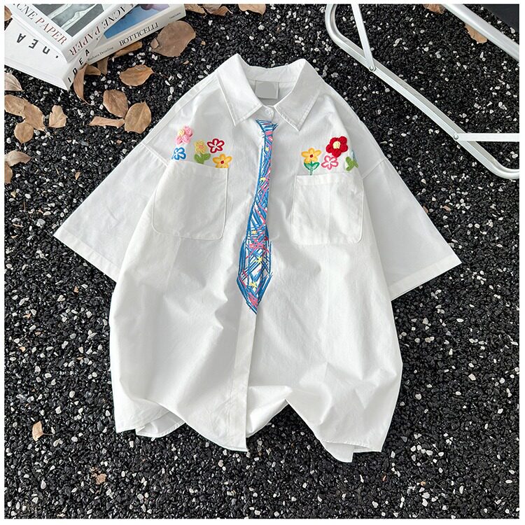 创意设计感花卉蜡笔手绘领带短袖衬衫男女学院风涂鸦衬衣Z76P40,男装T恤,星座1013-5