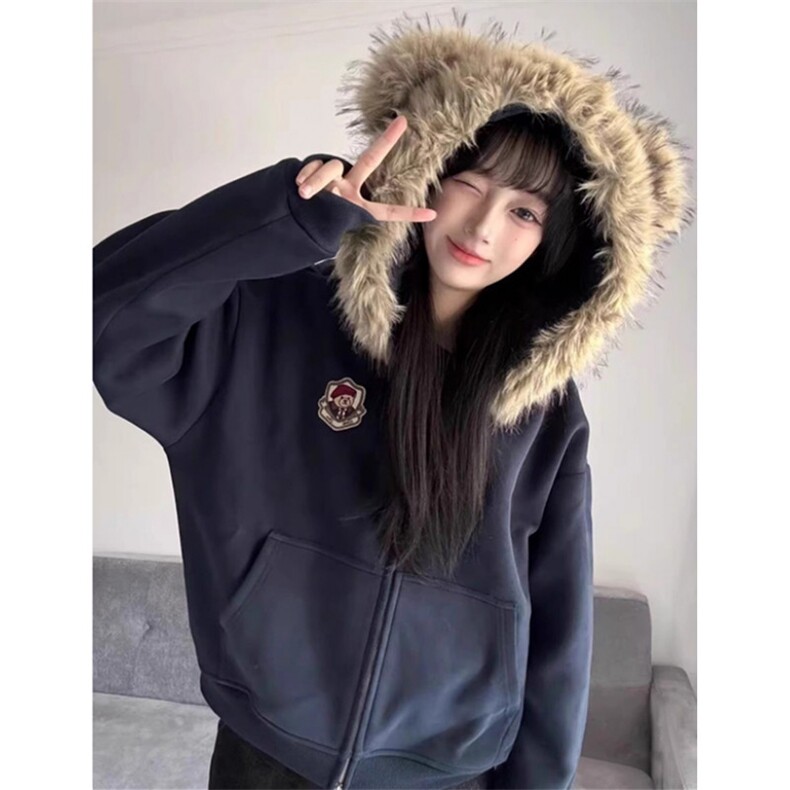可爱小熊耳朵毛领开衫外套女秋冬新款设计感拉链外套W88,女装短外套,星座1116A（原606A-3）