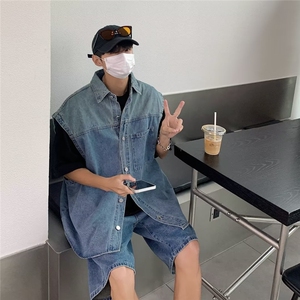 做旧渐变牛仔马甲短裤套装男时髦小众宽松背心两件套装T3733-P80图片