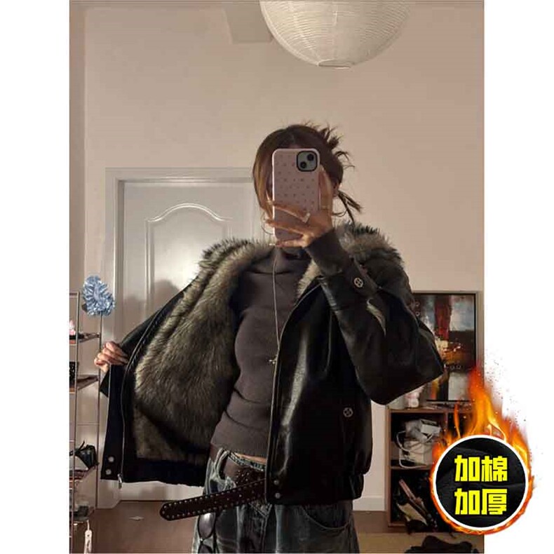 现货冬季美式潮牌痞帅PU皮机车服棉衣毛毛绒狼王座山雕皮棉服,男装棉衣,电商A486-1