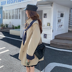 卡其色格纹撞色连帽风衣外套女2025秋季韩版时尚宽松休闲大衣，女装风衣，2C218