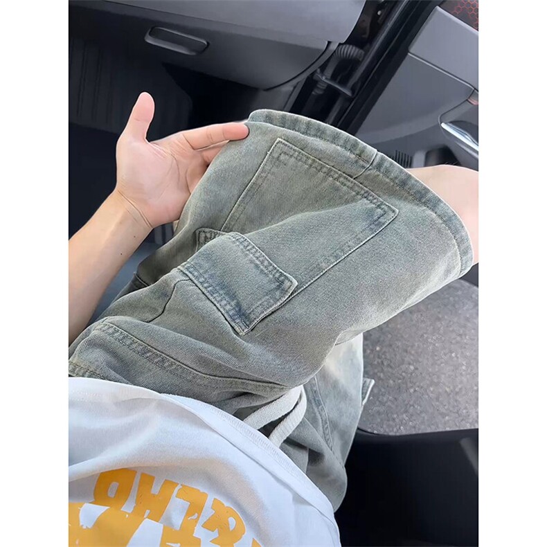 高街直筒复古风格牛仔短裤水洗做旧抽绳松紧设计短裤K781P45控68,男装牛仔裤,电商A102B