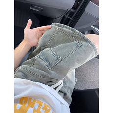 高街直筒复古风格牛仔短裤水洗做旧抽绳松紧设计短裤K781P45控68，男装牛仔裤，电商A102B