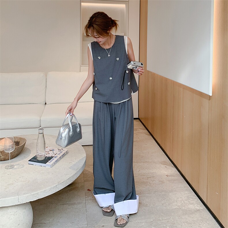 灰色背心马甲阔腿裤时尚套装女2025夏季新款韩系老钱风休闲两件套图片