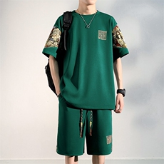 夏季刺绣休闲运动套装男拼接T恤两件套潮流短裤A266-TZ8807-P47，男装T恤，电商A266