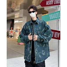 GM070-P58复古印花牛仔衬衫男春秋新款工装外套宽松休闲潮牌夹克，男装夹克，电商C233