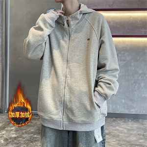 美式休闲雪花灰连帽卫衣插肩袖加绒拉链运动开衫外套男秋 W61图片