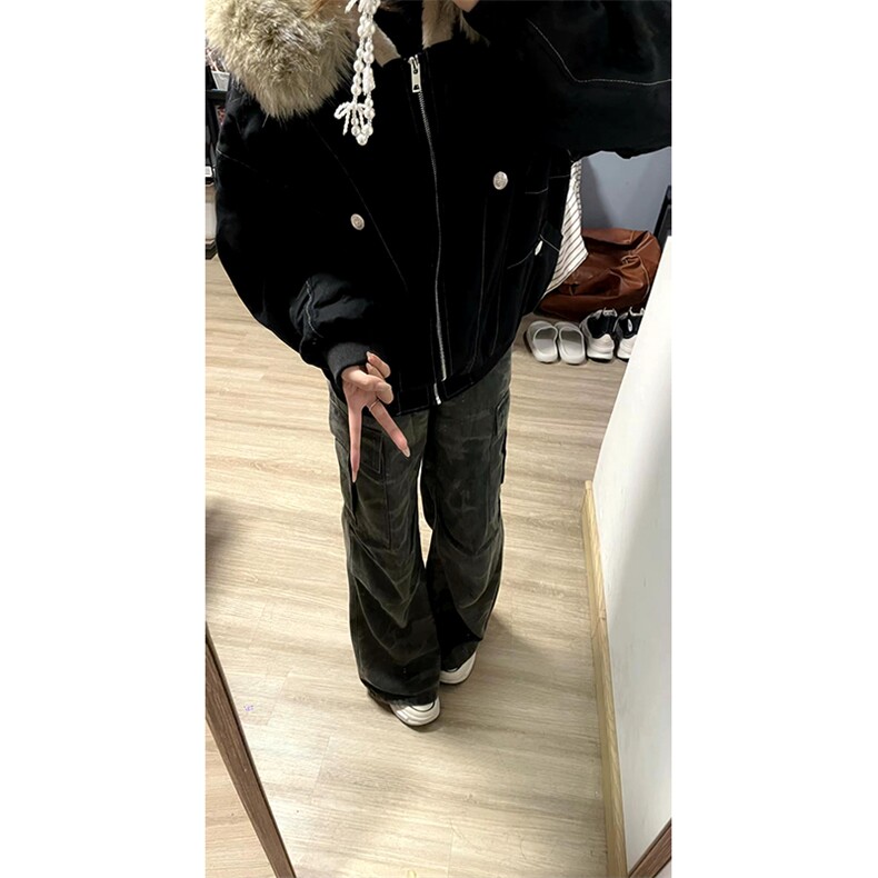 现货重磅boxy短款棉衣座山雕大毛毛领男女棉服水洗工装厚外套,男装棉衣,电商A486-1