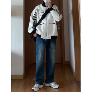 美式条纹撞色户外夹克男秋高街潮牌复古外套小众宽松休闲立领上衣图片