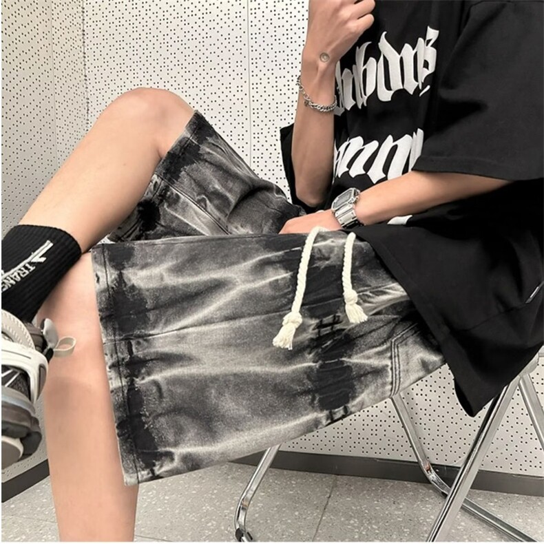 高街复古做旧蓝五分裤男女夏季设计感小众宽松牛仔短裤DA6675-P36,男装牛仔裤,星座208-5