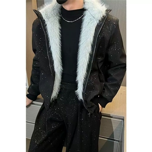 冬季高品质内里全毛毛呢星空夹克外套男士宽松加厚保暖棉服潮图片
