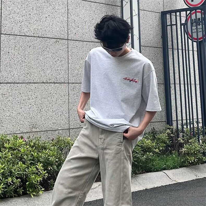 万针全刺绣工艺抖音得物高品质260克重磅纯棉双纱美式高街短袖T恤,男装T恤,电商A486