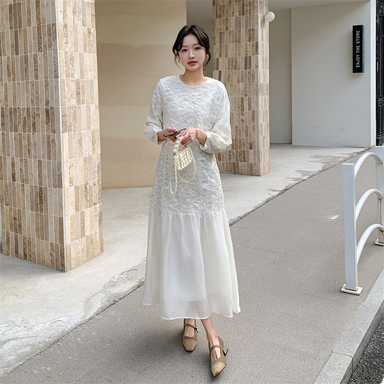 2025春季新款法式温柔风拼接连衣裙女装气质轻奢提花长袖中长裙子,女装连衣裙,浙宝208