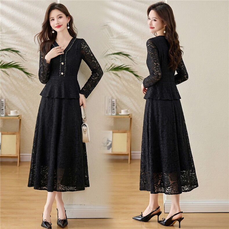 度假风黑色蕾丝连衣裙女春秋2026新款裙甜美法式优雅，女装连衣裙，伊航服饰