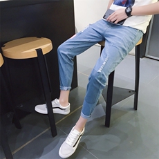 2021夏季九分牛仔裤男士韩版潮流修身弹力小脚破洞9分裤子805，男装牛仔裤，电商A318