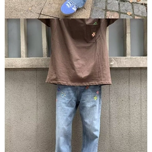 小众设计感贴布花瓣刺绣牛仔裤男女街头宽松做旧休闲微喇长裤图片