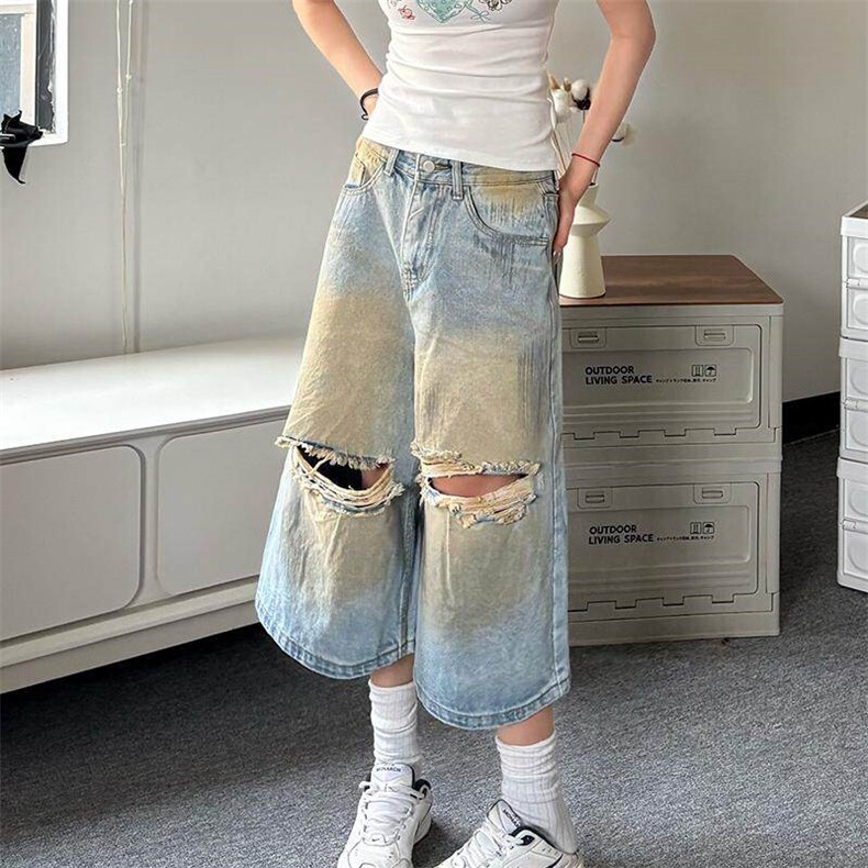 美式复古做旧破洞牛仔短裤男女夏季渐变宽松嘻哈七分裤子,男装牛仔裤,星座410-7
