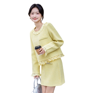 促销2025春季洋气小香风淑女气质显瘦撞色花边套裙时尚套装两件套图片