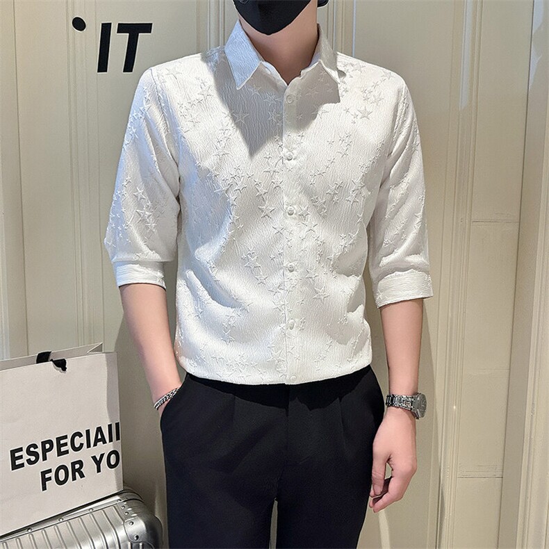 店主风社会小伙男纯色花泡七分袖衬衫男上衣301A-1/CS561/P55,男装衬衫,星座301A-1