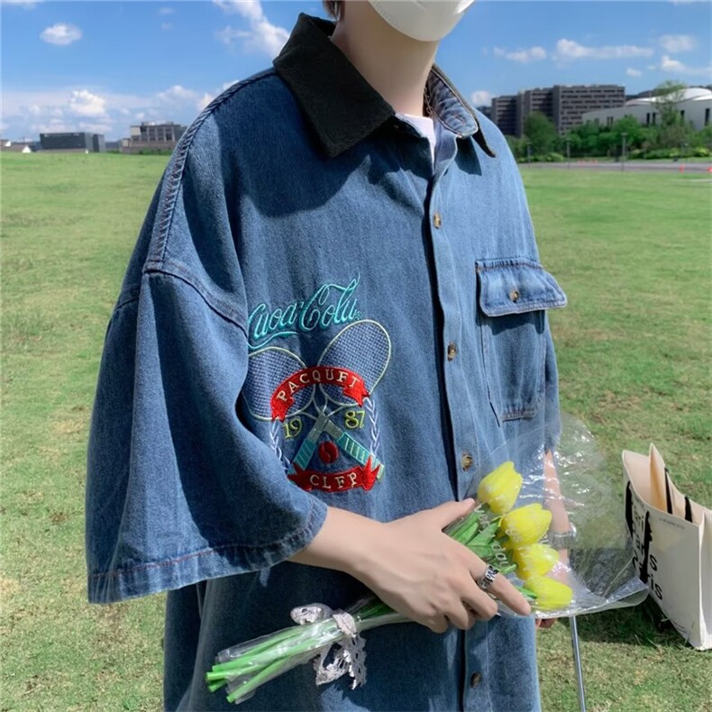 2023夏季高级感男工装衬衣休闲外套牛仔衬衫五分短袖W3437-P42,男装衬衫,星座512-2