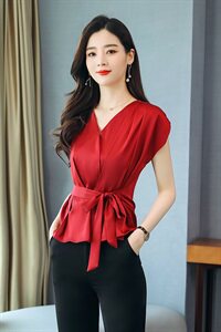 纯色蝴蝶结收腰小衫V领2025夏季淑女装甜美短袖修身显瘦衬衫上衣，女装T恤，火爆靓佳人