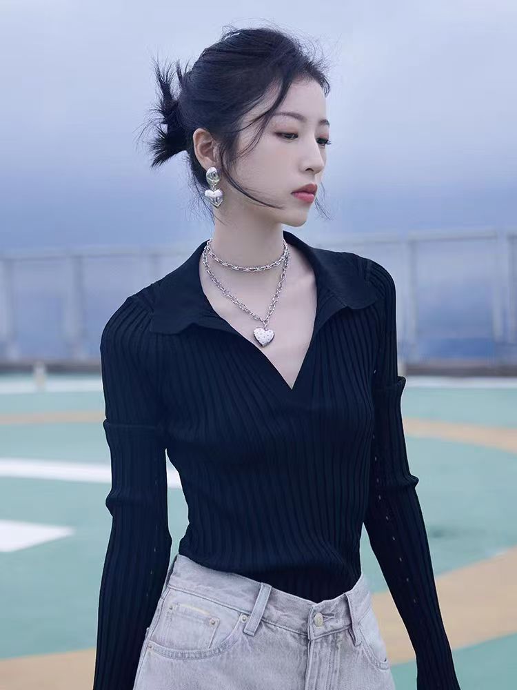 显瘦时尚百搭女士V领锁骨长袖打底衫图片