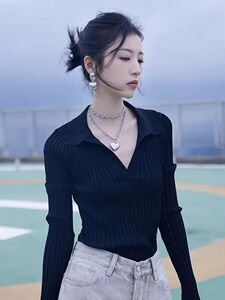 显瘦时尚百搭女士V领锁骨长袖打底衫图片