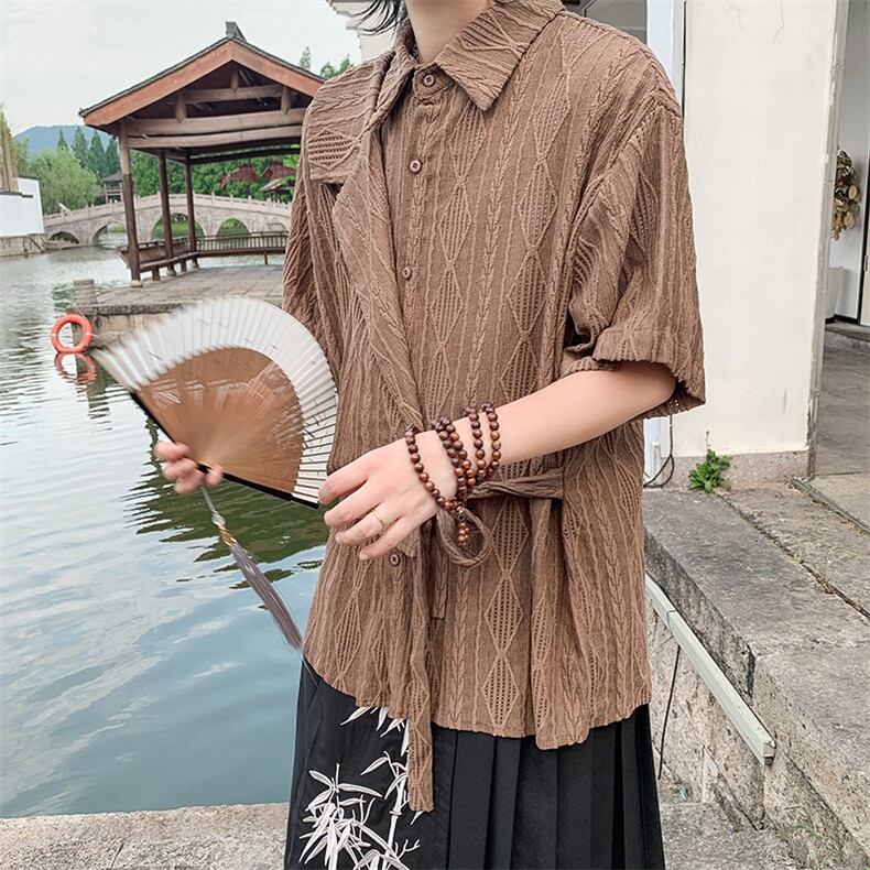 新中式复古小众肌理感短袖衬衫男夏季镂空设计绑带衬衣45522-P45,男装衬衫,星座1008