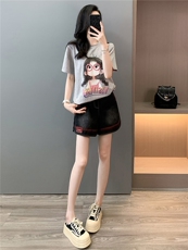 女夏季新款韩版运动休闲套装圆领卡通印花短袖宽松牛仔短裤两件套，女装套装/套裙，江南