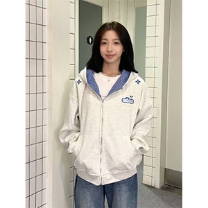 格子拼接连帽卫衣潮流潮牌慵懒新款休闲帅气气质港风流行WYX25图片