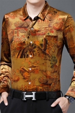 男士长袖金丝绒衬衫真口袋花衬衫衣春秋中年宽松弹力，男装衬衫，钱塘6003（原4033）