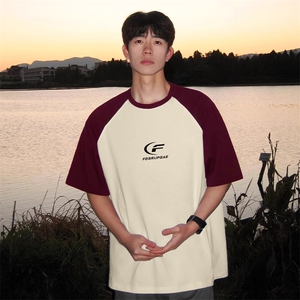 抖音得物高品质二开240克宽松纯棉美式潮牌插肩袖拼接短袖T恤图片