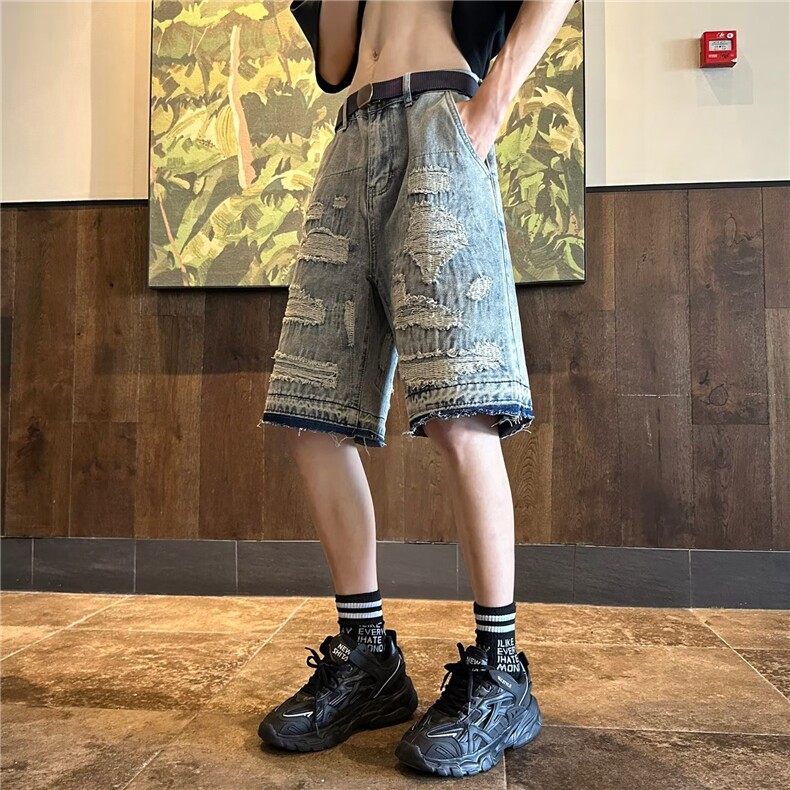 高街重破坏补丁猫须牛仔短裤男刮烂破洞潮夏季复古宽松五分裤男,男装牛仔裤,星座1013