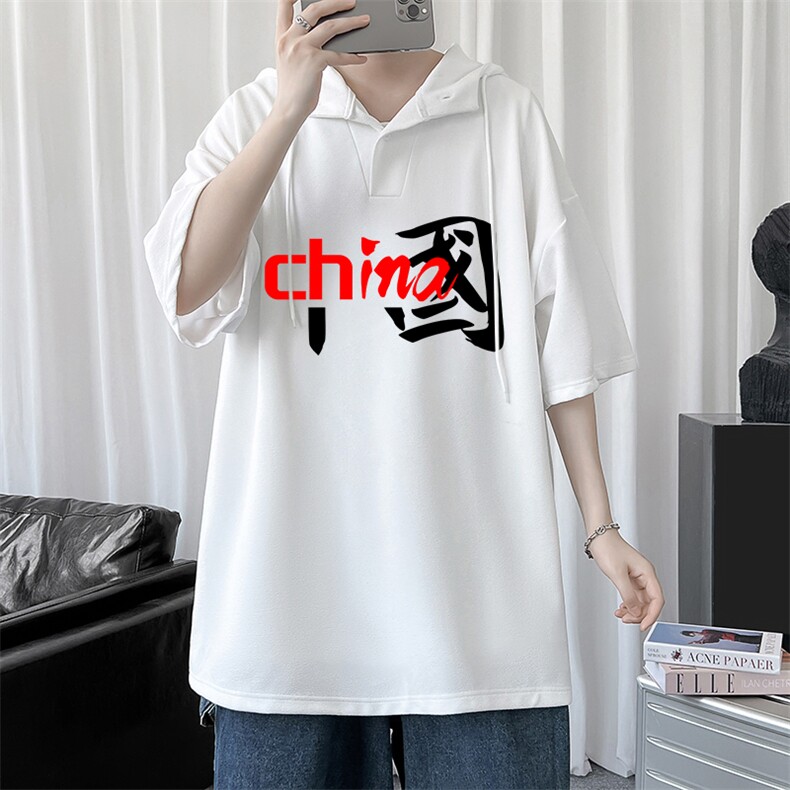LD54189-P45 连帽短袖t恤男大码胖子带帽五分袖中袖图片