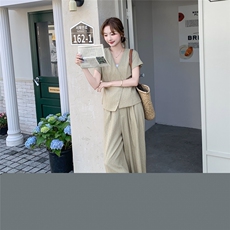 2025年夏季新款法式时尚设计感V领短袖马甲阔腿裤休闲套装女，女装套装/套裙，2C159