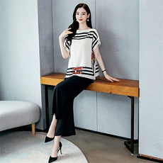 套装/套裙2022年夏季时尚气质优雅圆领插袋条纹长裤两件套，女装套装/套裙，时尚俏佳人