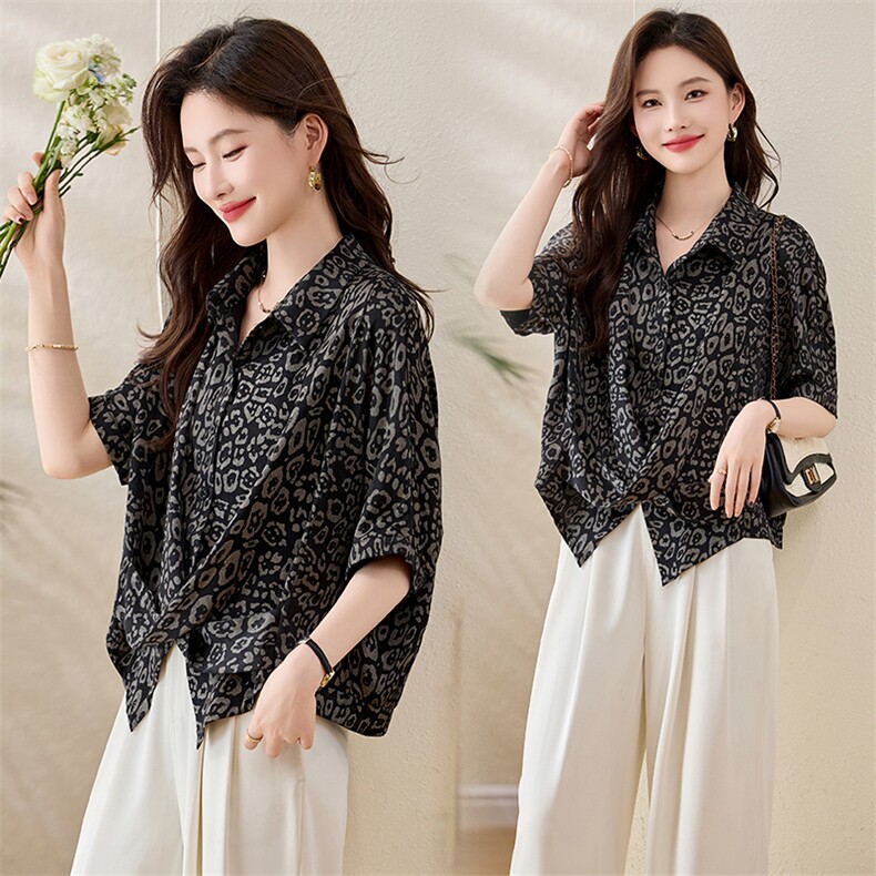 复古印花短袖衬衫女2025夏新款气质妈妈显瘦洋气减龄休闲小衫上衣，女装套装/套裙，恋慕依尚