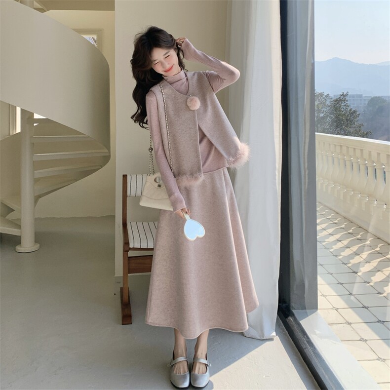 韩系甜美粉色鸵鸟毛拼接马甲内搭+半身裙三件套套装,女装套装/套裙,茵姿媚