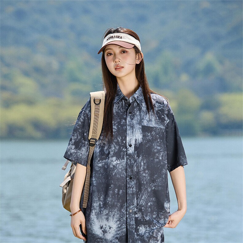 扎染复古短袖衬衫男女款夏款宽松休闲百搭衬衣 A406 C6050 特P38图片